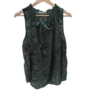 Violet + Claire Blouse Large Green Burnout Velvet Paisley Ruffle Tie Sleeveless